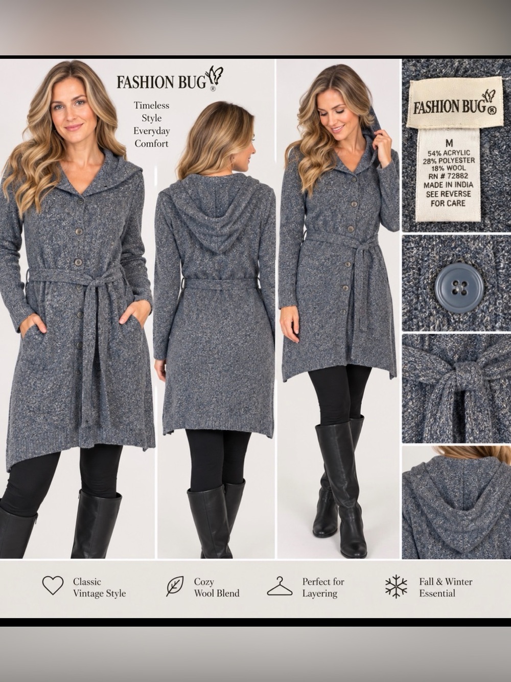 Vintage Fashion Bug Hooded Cardigan Sweater Coat Belted Gray M